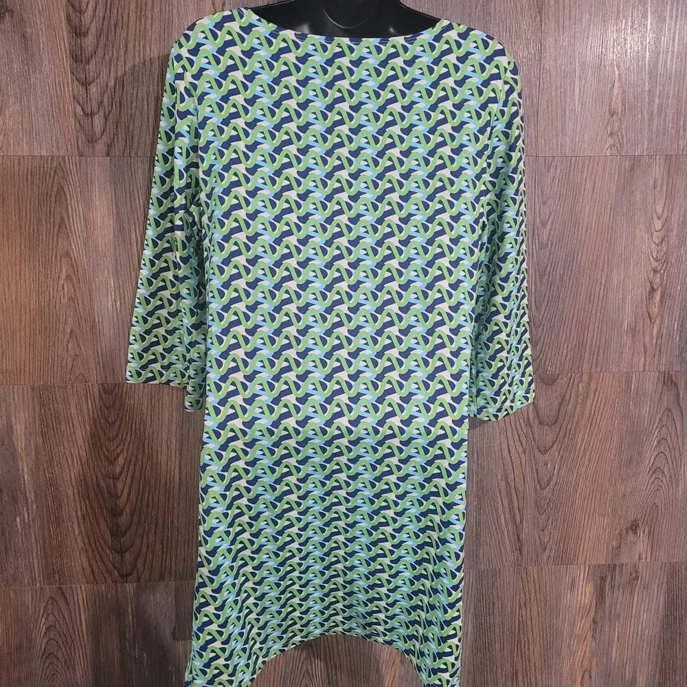 Melly M Geometric Resortwear Dress Size Large Green/Blue Cooling Stretch 3/4 Slv - Picture 7 of 9